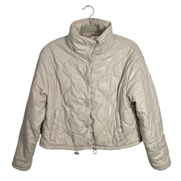 Zara Faux Leather Quilted Puffer Jacket Women's Medium Cropped Ivory - Picture 2 of 13